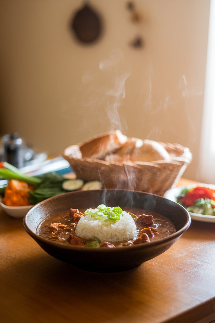 A warmly lit indoor kitchen table featuring a steaming bowl of dark roux-based chicken and andouille gumbo with a scoop of white rice in the center, garnished with sliced green onions. Photo, no text or logos.