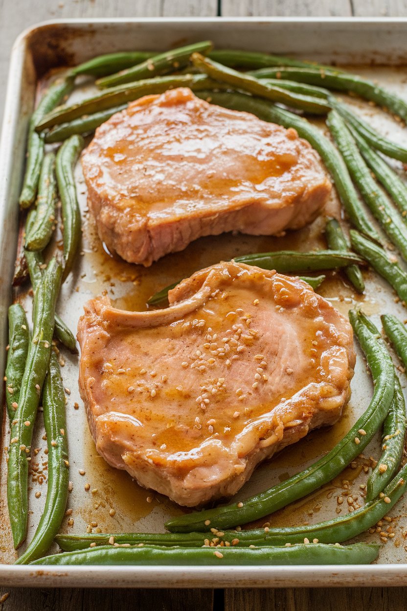 A photo taken indoors of boneless pork chops lacquered in honey-garlic glaze on a sheet pan, bordered by roasted green beans sprinkled with sesame seeds. No visible text or logos.