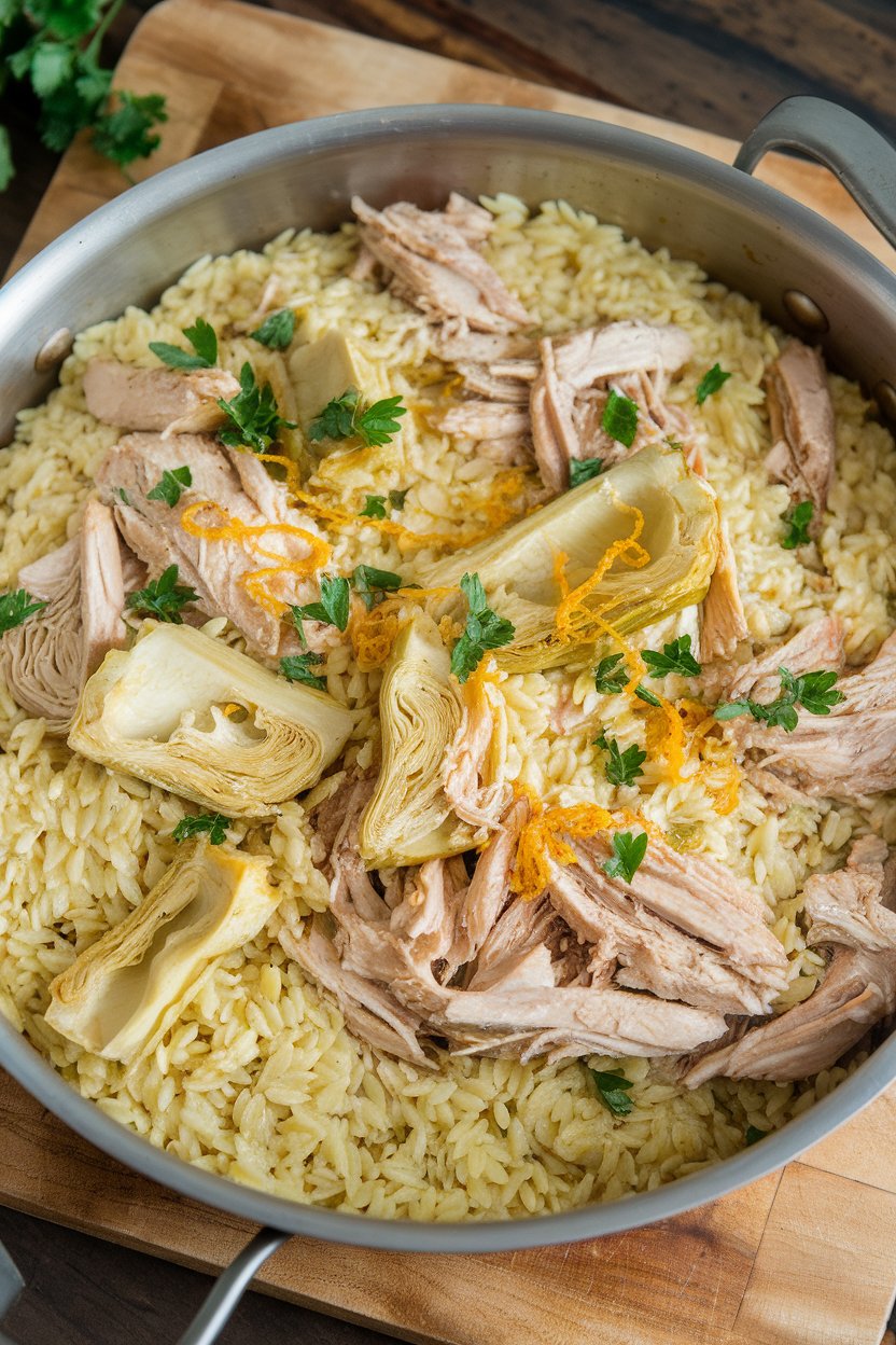 A shallow indoor skillet of cooked orzo mixed with shredded chicken, artichoke hearts, and lemon zest, garnished with parsley. No text or logos. Photo only.