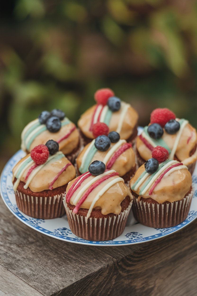 Indoor photo of cupcakes with maple glaze and tri-color sugar stripes, no text or logos