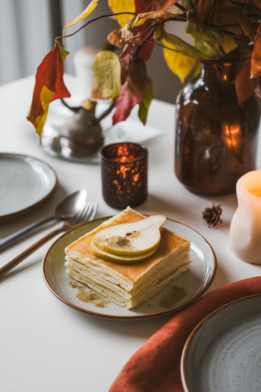 Indoor autumn table with a pear-cardamom pancake square topped with a thin pear slice and sprinkle of ground cardamom, no text or logos.
