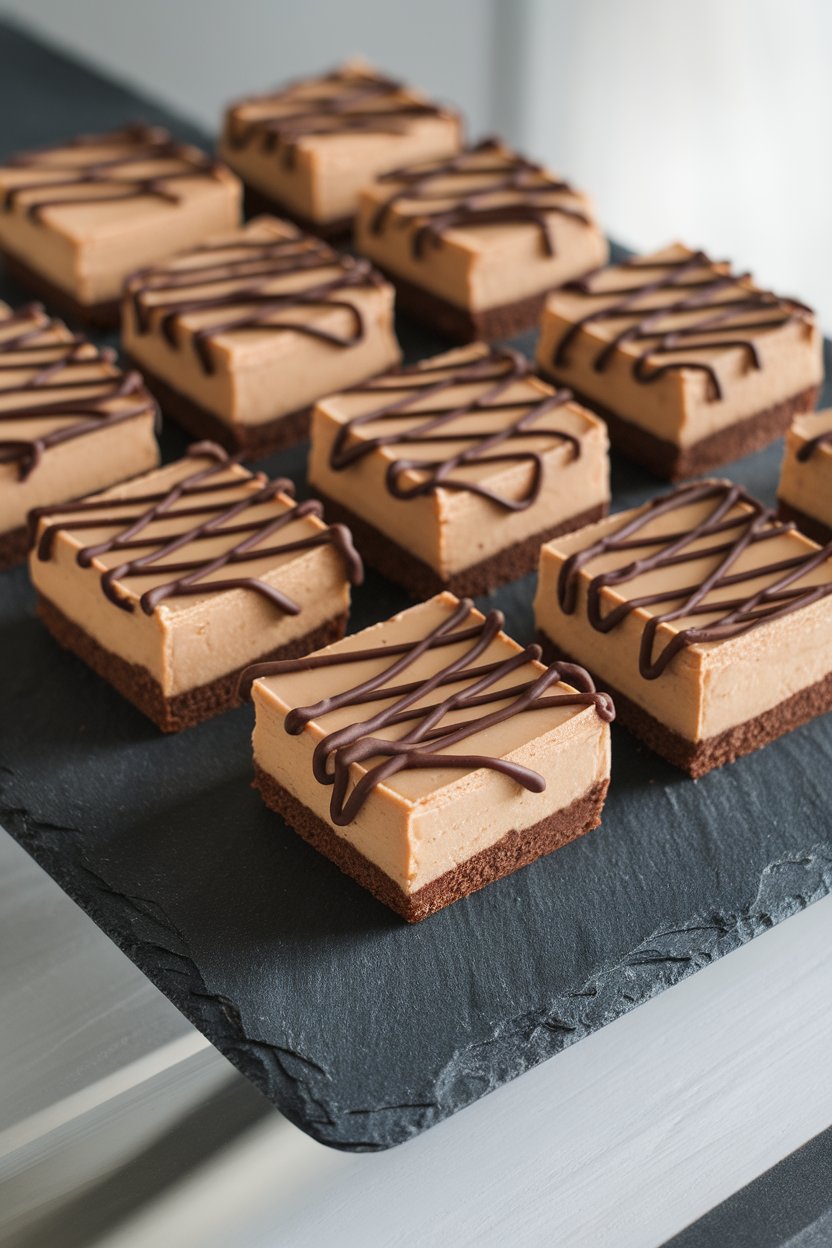 Photo of mini chocolate peanut butter cheesecake squares on an indoor slate tray, chocolate drizzle zig-zagged on top. No text or logos.