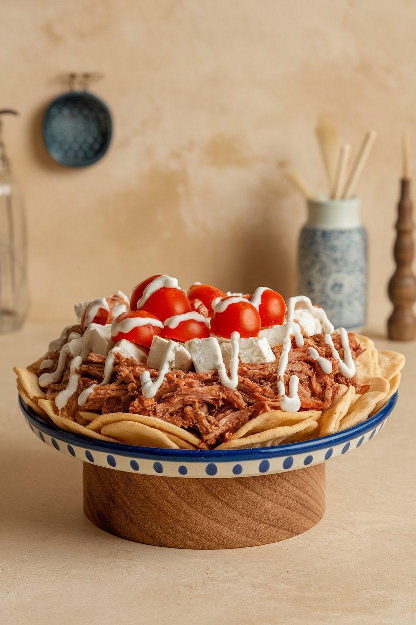 Indoor photo of pita chips layered with shredded gyro meat, feta, tomatoes, and tzatziki drizzles on a ceramic platter. No text or logos.