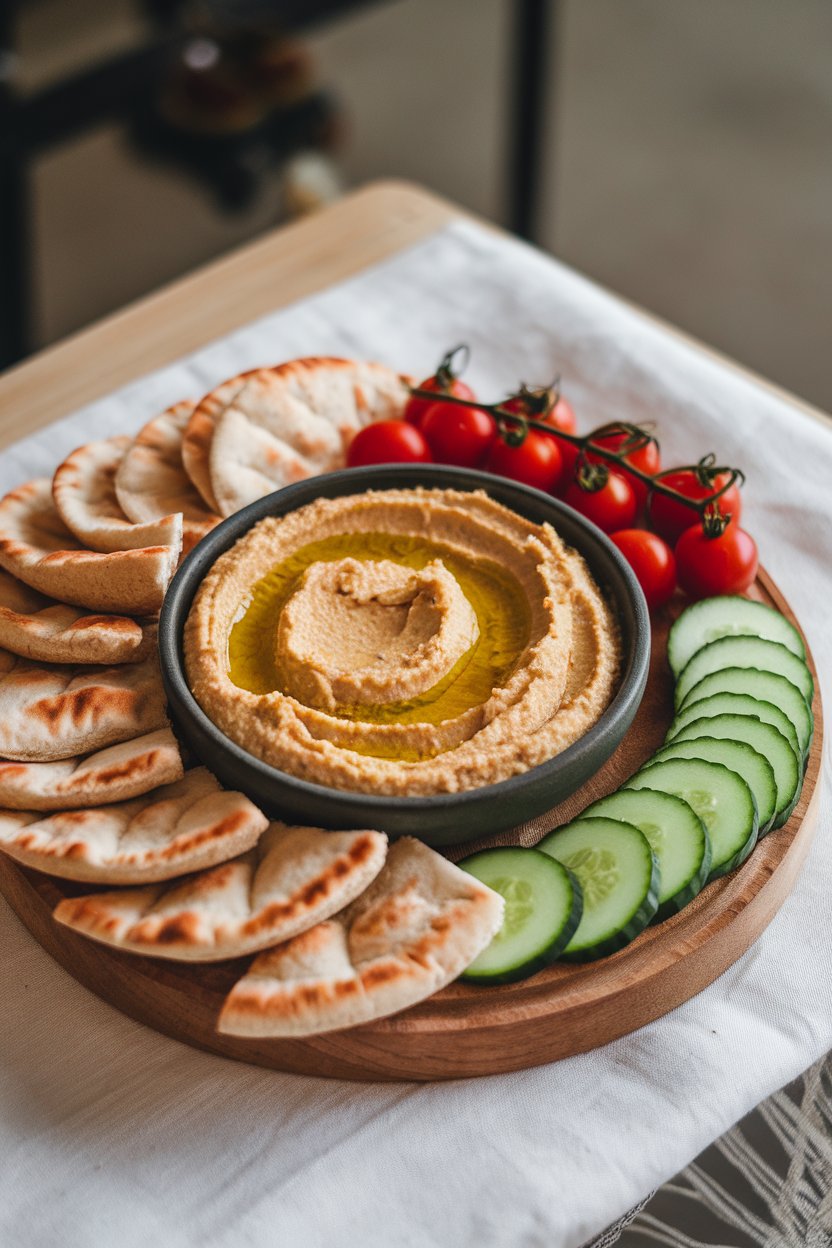 Indoor photo of a wooden board with a bowl of hummus drizzled in olive oil, surrounded by pita wedges, cucumber slices, and cherry tomatoes; no text or logos