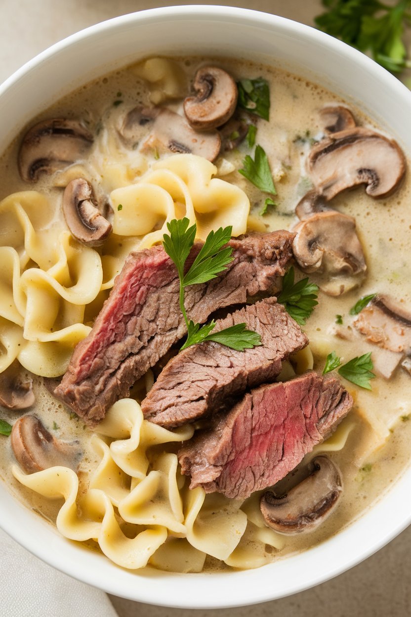 Indoor bowl of stroganoff soup—tender beef strips, egg noodles, mushrooms, and a creamy broth with parsley garnish. No text or logos. Photo.