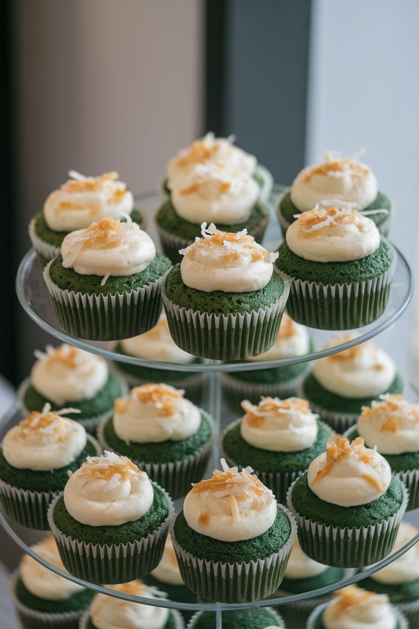 An indoor cupcake stand with green pandan cakes crowned by coconut buttercream and a sprinkle of toasted coconut. No text or logos.
