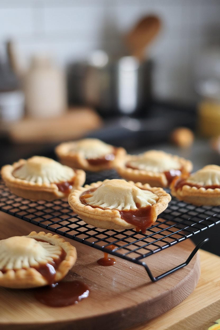 Indoor cooling rack with mini hand pies, caramel sauce oozing slightly from crimped edges. No text or logos; photo, not illustration.