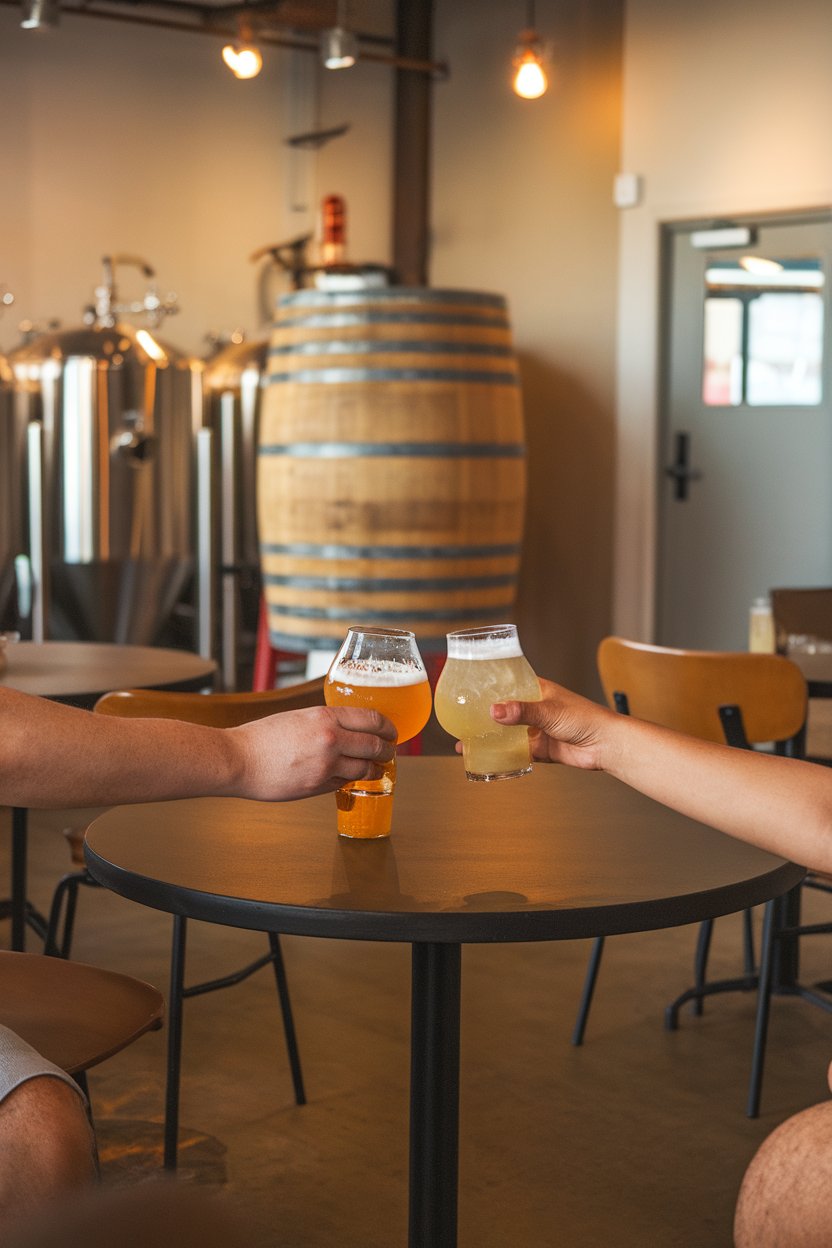 Indoor brewery tasting room scene, tulip glass half pale ale, half cloudy lemonade, frothy head, no logos or text. Photo only.