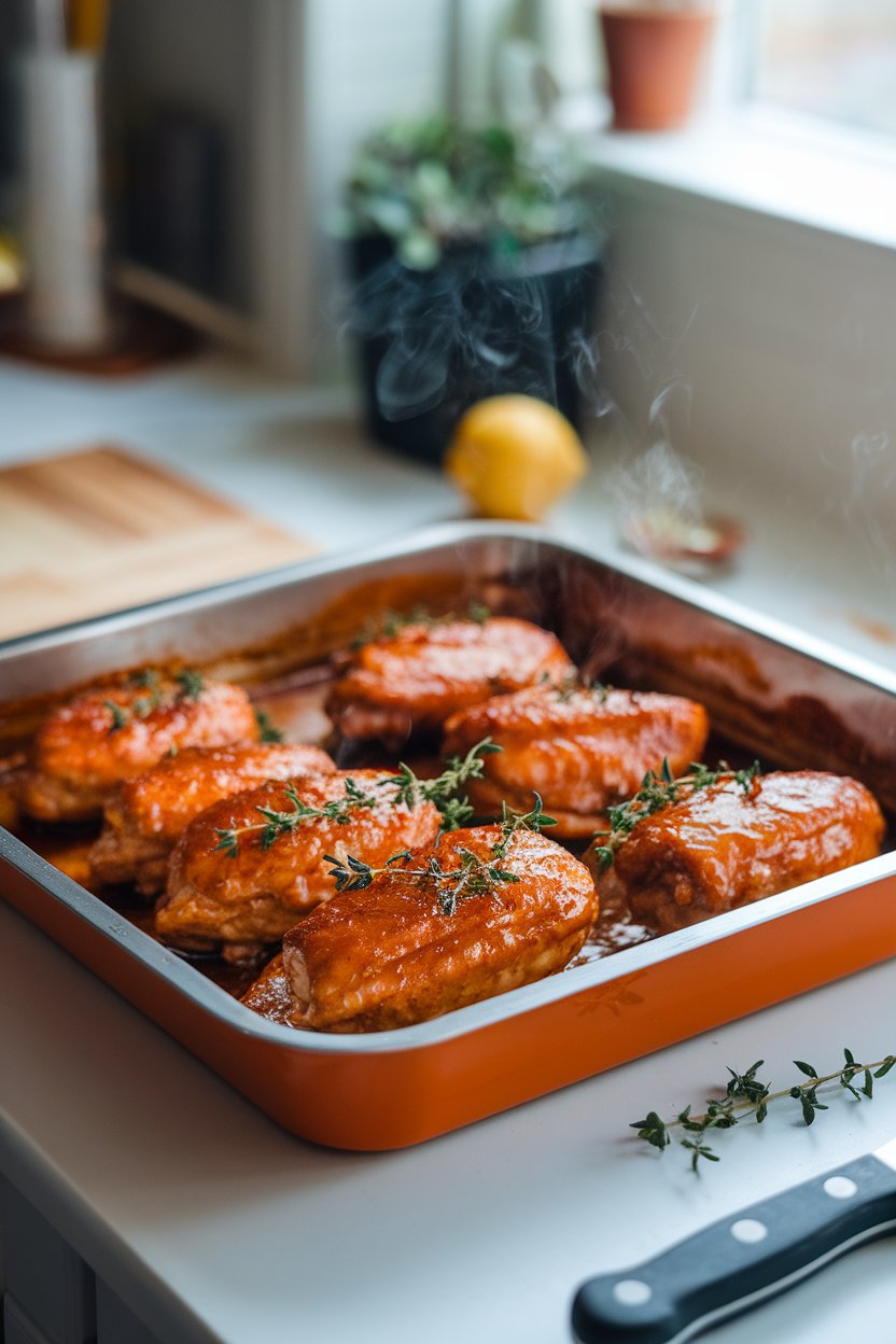 Indoor photo of a baking dish with glazed chicken tenderloins sprinkled with fresh thyme on a kitchen counter. No text or logos.