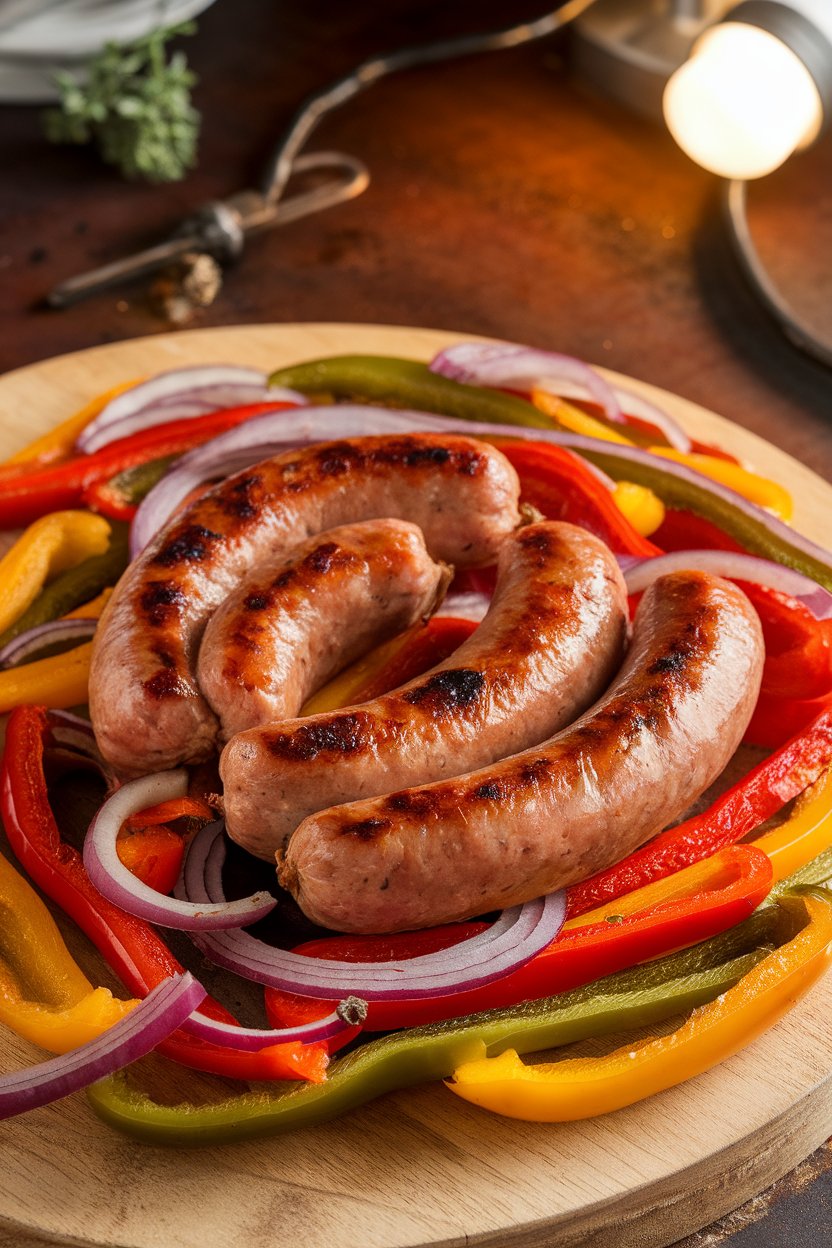 Indoor photo of roasted Italian sausage links nestled among sliced bell peppers and red onion ribbons, all slightly charred. No text or logos anywhere.