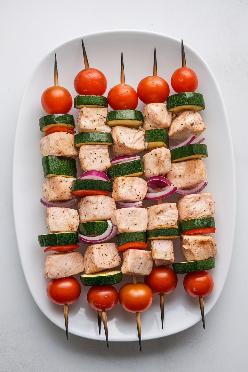An indoor tabletop display of skewered, cooked chicken breast cubes alternating with zucchini, cherry tomatoes, and red onion. Overhead kitchen lighting; no logos or text in sight.
