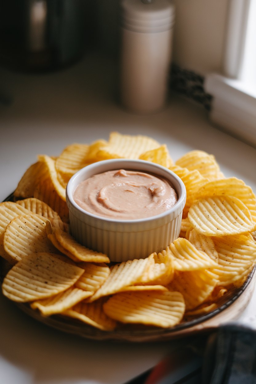 Softly lit indoor kitchen counter displaying a ramekin of pale tan caramelized onion dip surrounded by ridged potato chips. No labels in view.