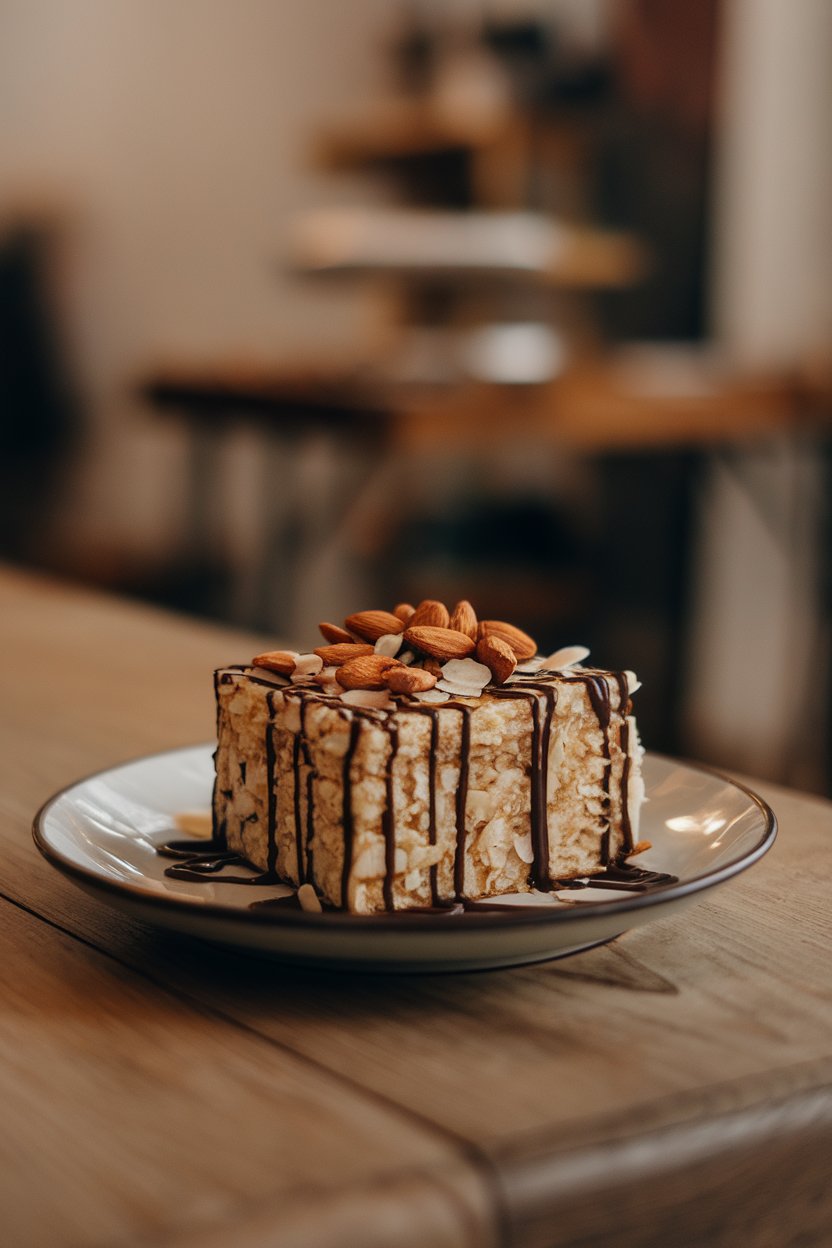 Indoor tabletop showing coconut-almond pancake square drizzled with dark chocolate, toasted almonds on top, no text or logos.