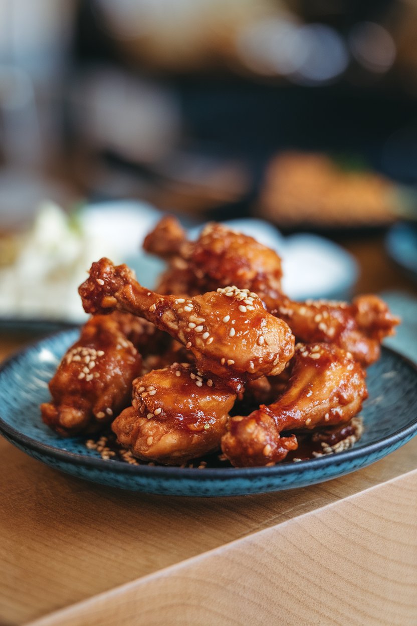 Indoor plate of glazed chicken drumettes coated in a sticky reddish sauce, sesame seeds sprinkled on top. No text or logos.