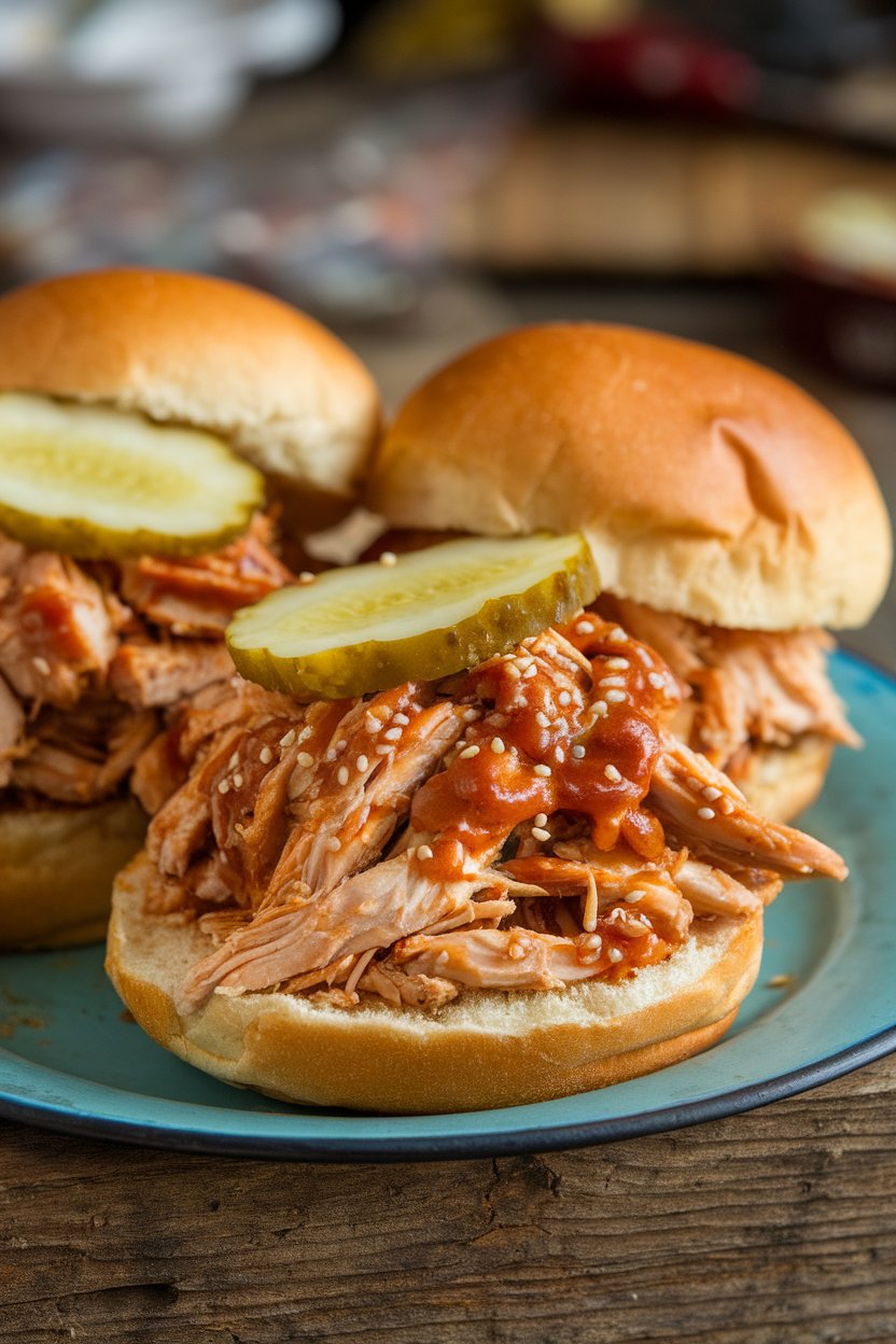 Indoor photo of shredded barbecue chicken piled on hamburger buns with pickle slices; no text or logos.