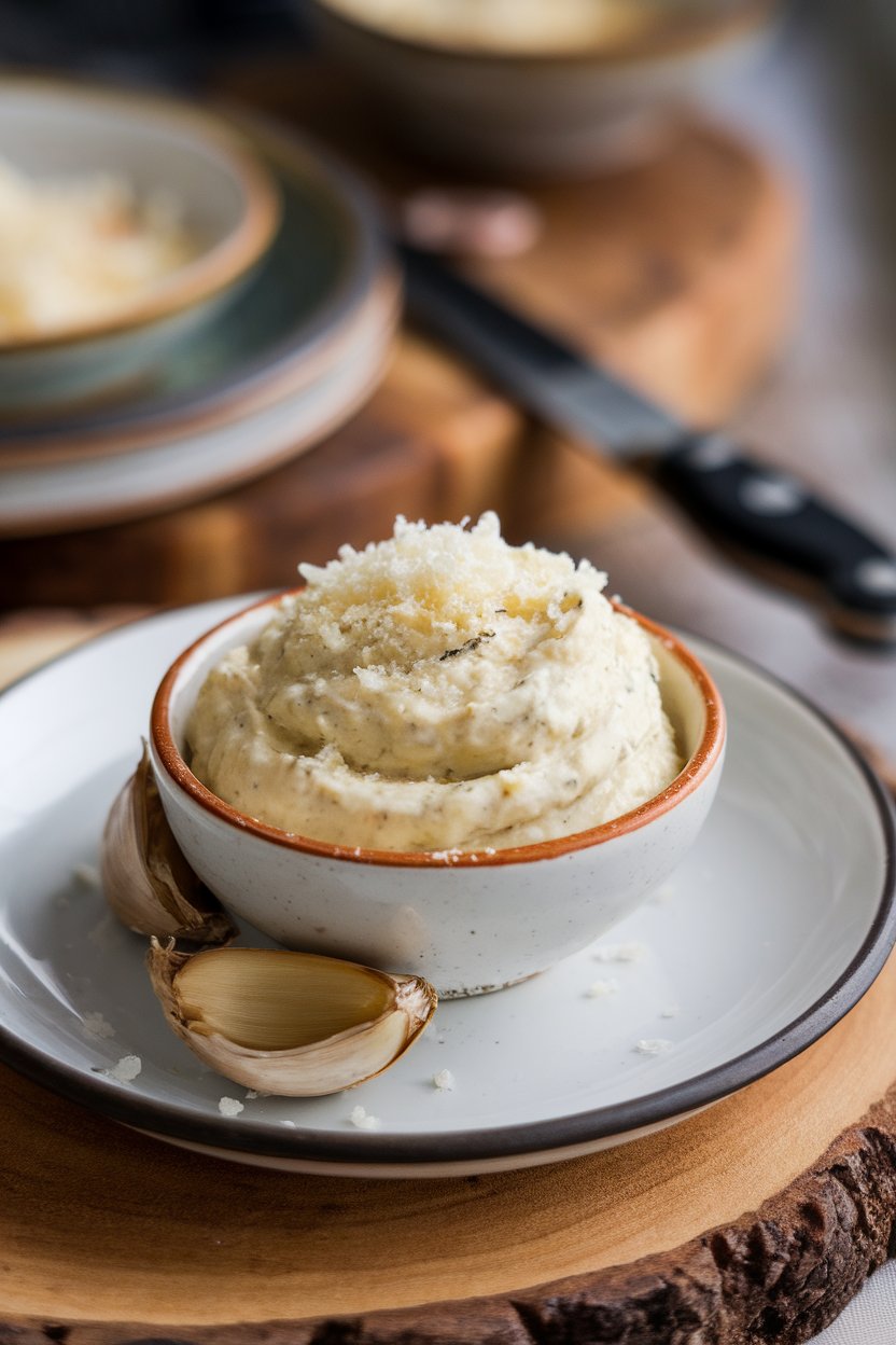 Indoor small bowl of creamy roasted garlic spread topped with grated Parmesan, no text or logos