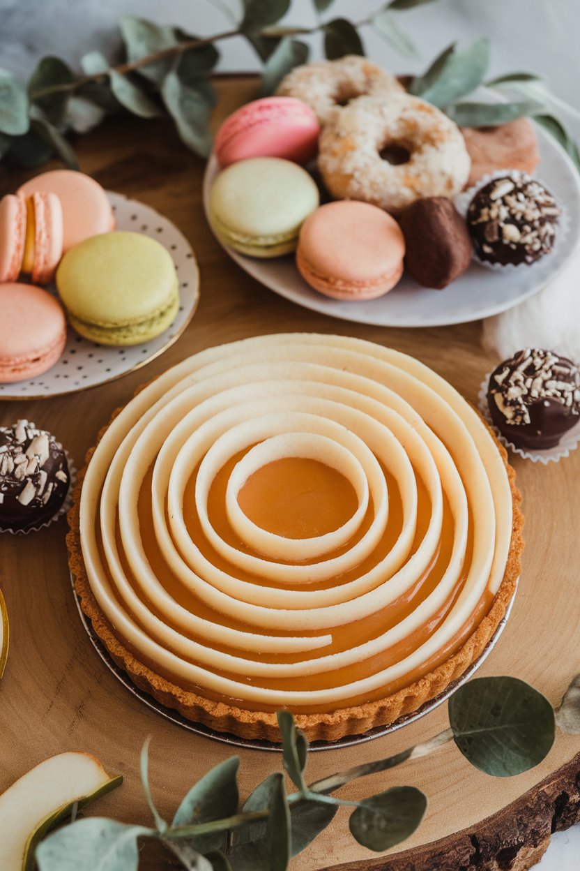 An indoor dessert board with a tart decorated by concentric apple “roses” over a thin layer of apricot glaze. Photo, no text or logos.