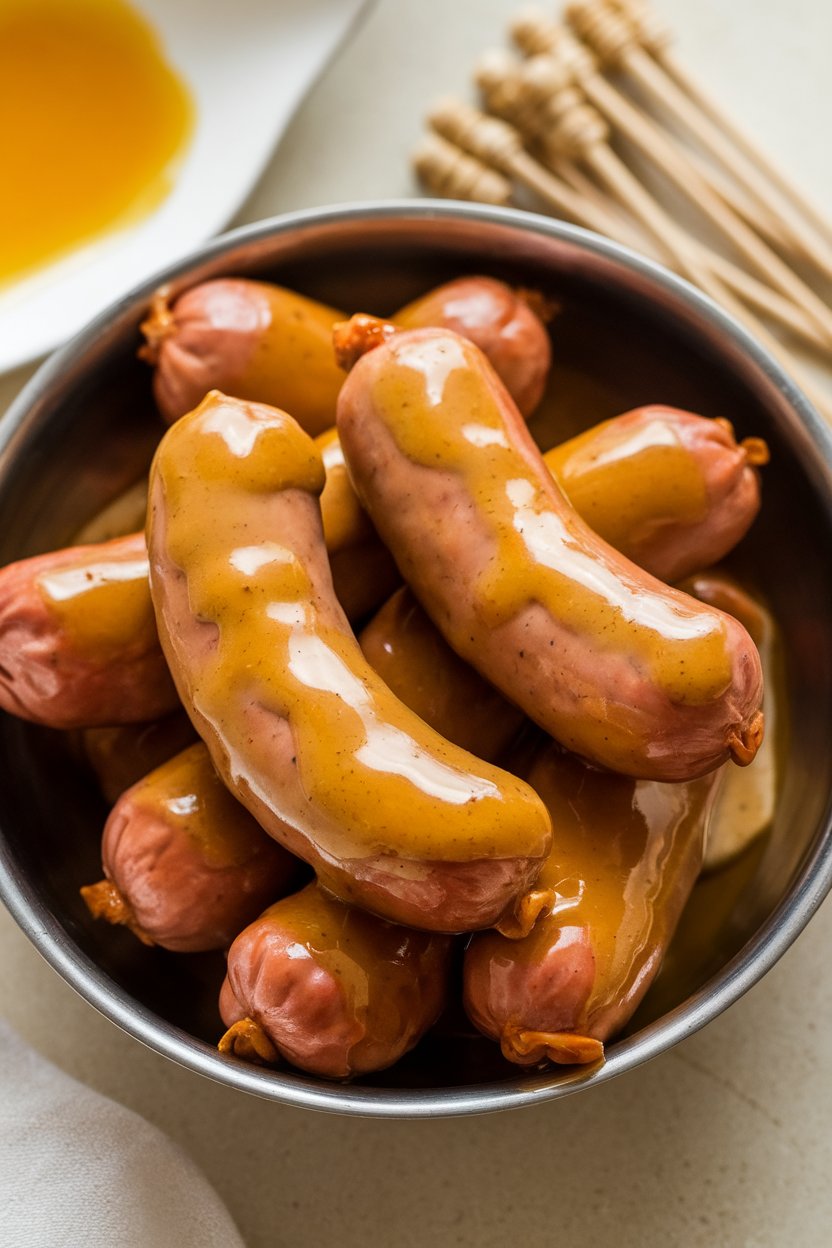 Indoor photo of small sausages glazed with shiny maple Dijon sauce in a serving bowl with cocktail sticks. No text or logos.