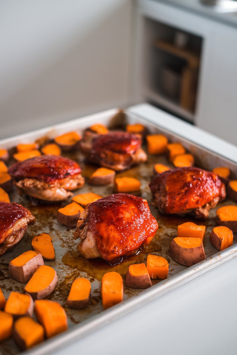 Sheet pan inside a modern kitchen showing spicy red-glazed chicken thighs and caramelized orange sweet potato cubes. No text or logos anywhere.