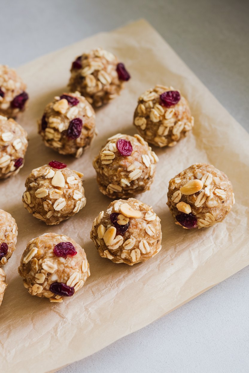 An indoor countertop scene with several round energy balls studded with oats, dried cranberries, and peanuts, resting on parchment; no text or logos.