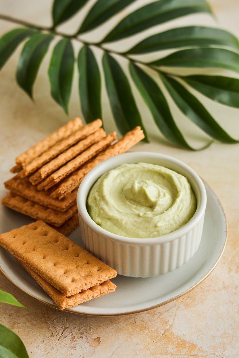 A small indoor serving bowl of pale green key lime dip surrounded by graham cracker sticks. No text or logos; photo, not illustration.
