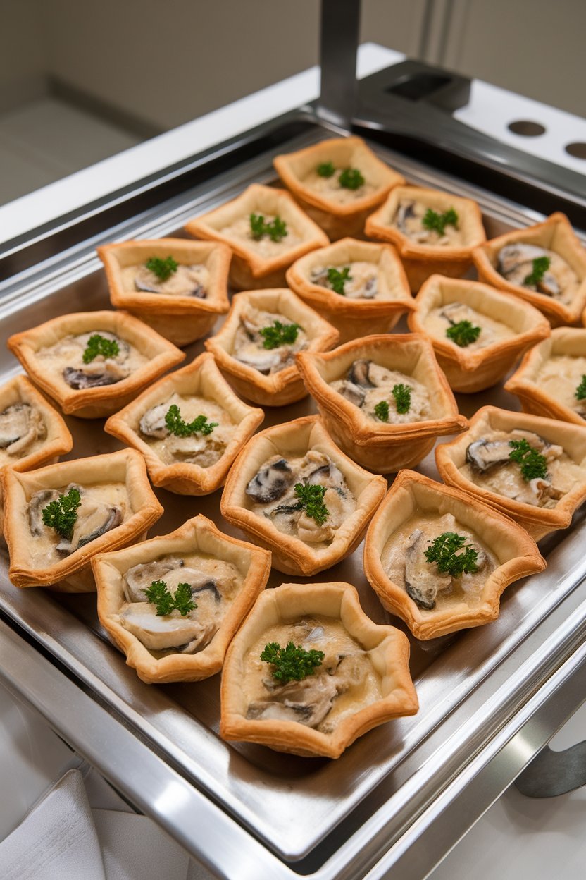 An indoor buffet setup with puff-pastry cups filled with creamy, cooked oyster stew, garnished with parsley. No text or logos. Photo.