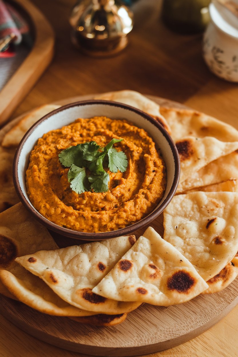 Indoor table with a shallow bowl of golden curried lentil dip topped with cilantro, naan chips on the side. No text or logos.