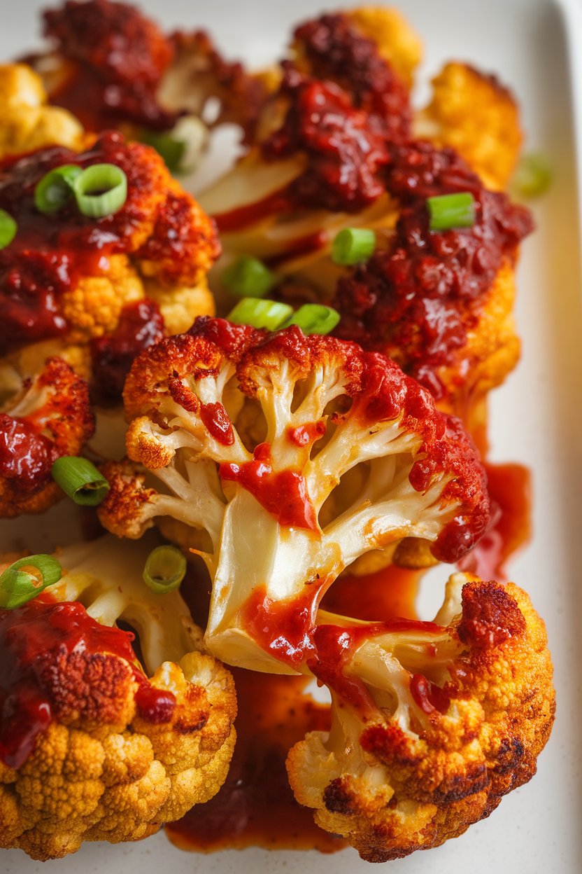 Indoor photo of roasted cauliflower florets glazed in vibrant red gochujang sauce, garnished with green onions. No text or logos.