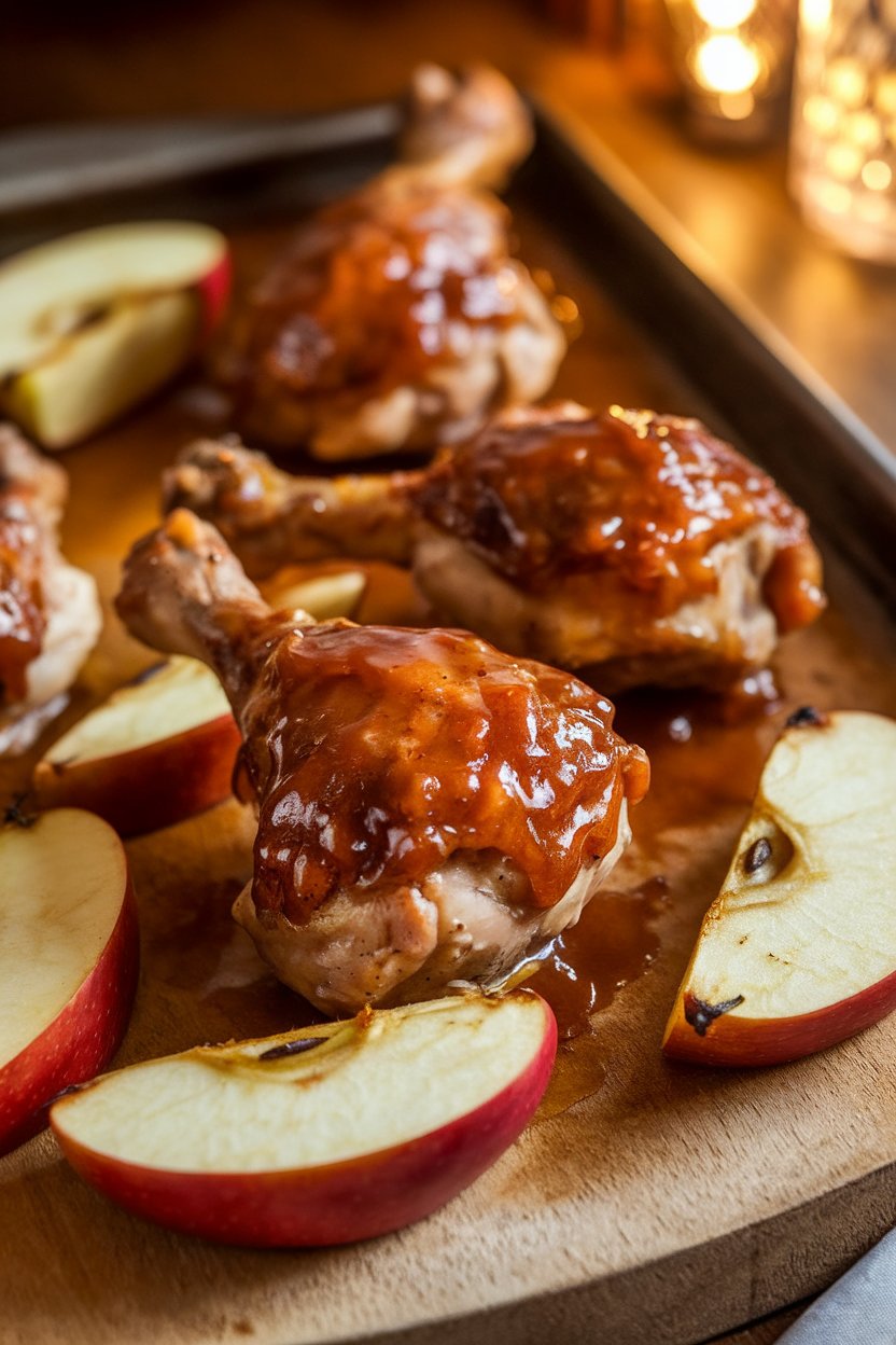 Indoor photo showing sheet-pan chicken drumsticks glazed with bourbon-brown sugar sauce, apple wedges roasted until lightly browned. Warm lighting, no text or logos.