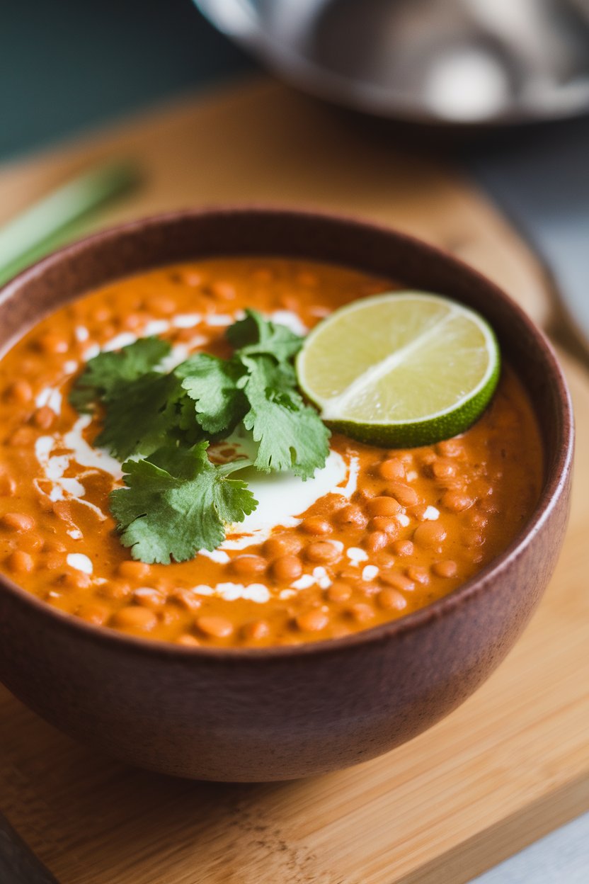 Indoor bowl of creamy red lentil soup with coconut milk, topped with cilantro leaves and a lime wedge. No text or logos. Photo only.