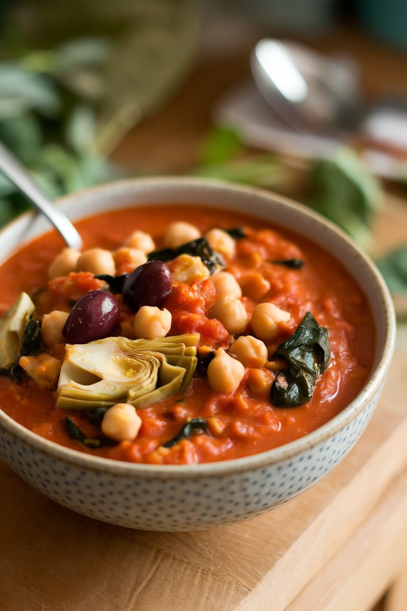 Indoor bowl of tomato-based stew featuring chickpeas, artichoke hearts, olives, and spinach; no text or logos; photo, not illustration.