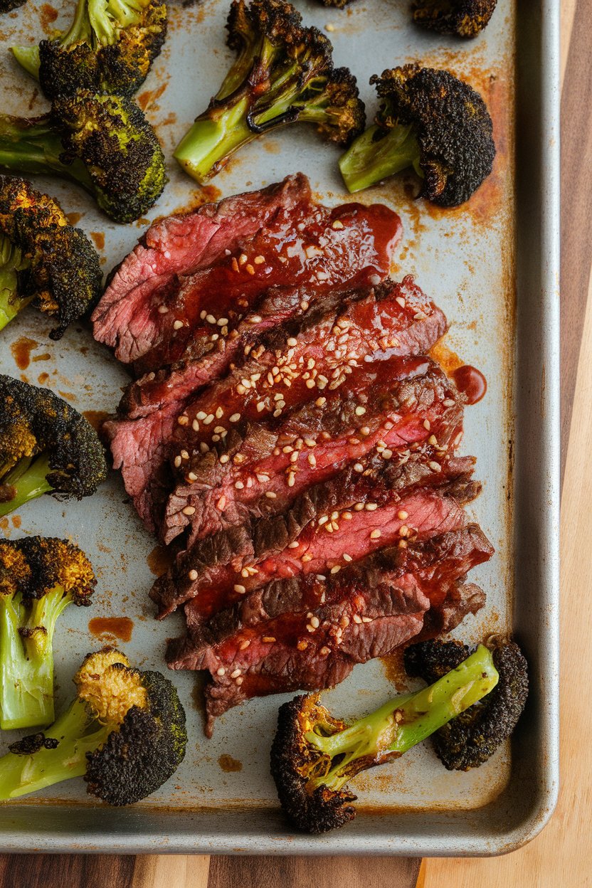 Indoor shot of thin beef strips glazed with bulgogi sauce, charred broccoli florets on the same sheet pan, sesame seeds sprinkled over. No text or logos.