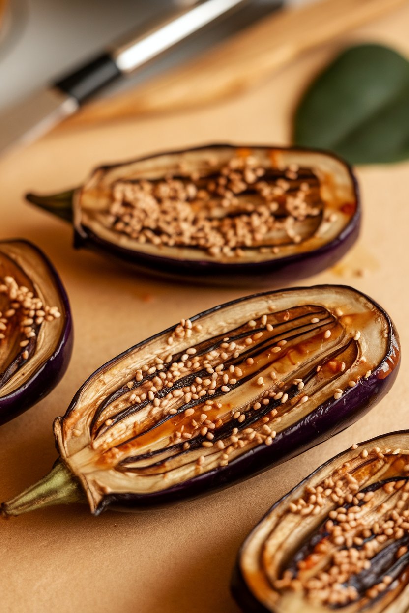 An indoor tabletop with sliced, roasted eggplant halves brushed with amber miso glaze and sprinkled with sesame seeds. Warm, diffused lighting; no text or logos.