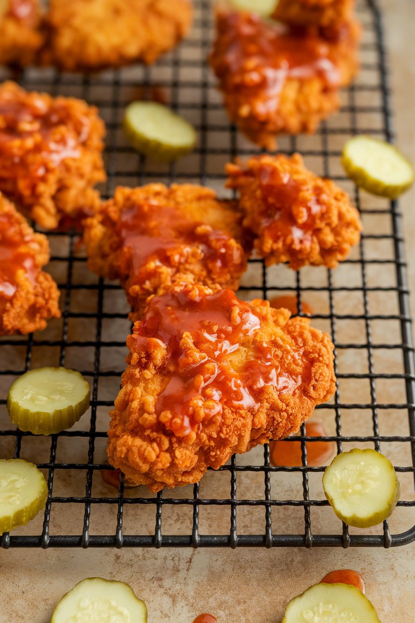 Indoor photo of spicy Nashville hot chicken nuggets on a wire rack, pickle chips scattered around; no text or logos