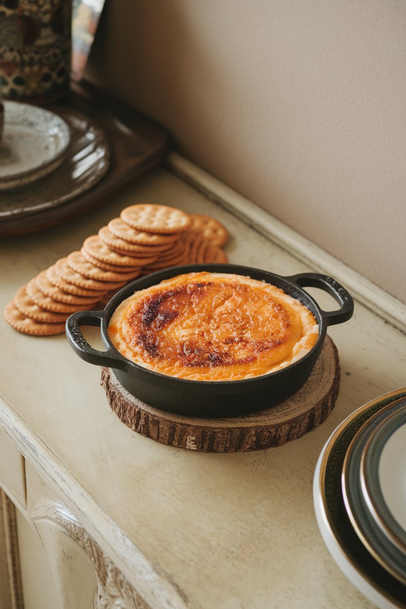 Indoor sideboard presenting a small cast-iron dish of melted pimento cheese, top lightly browned. Plain crackers stacked nearby, no branding.