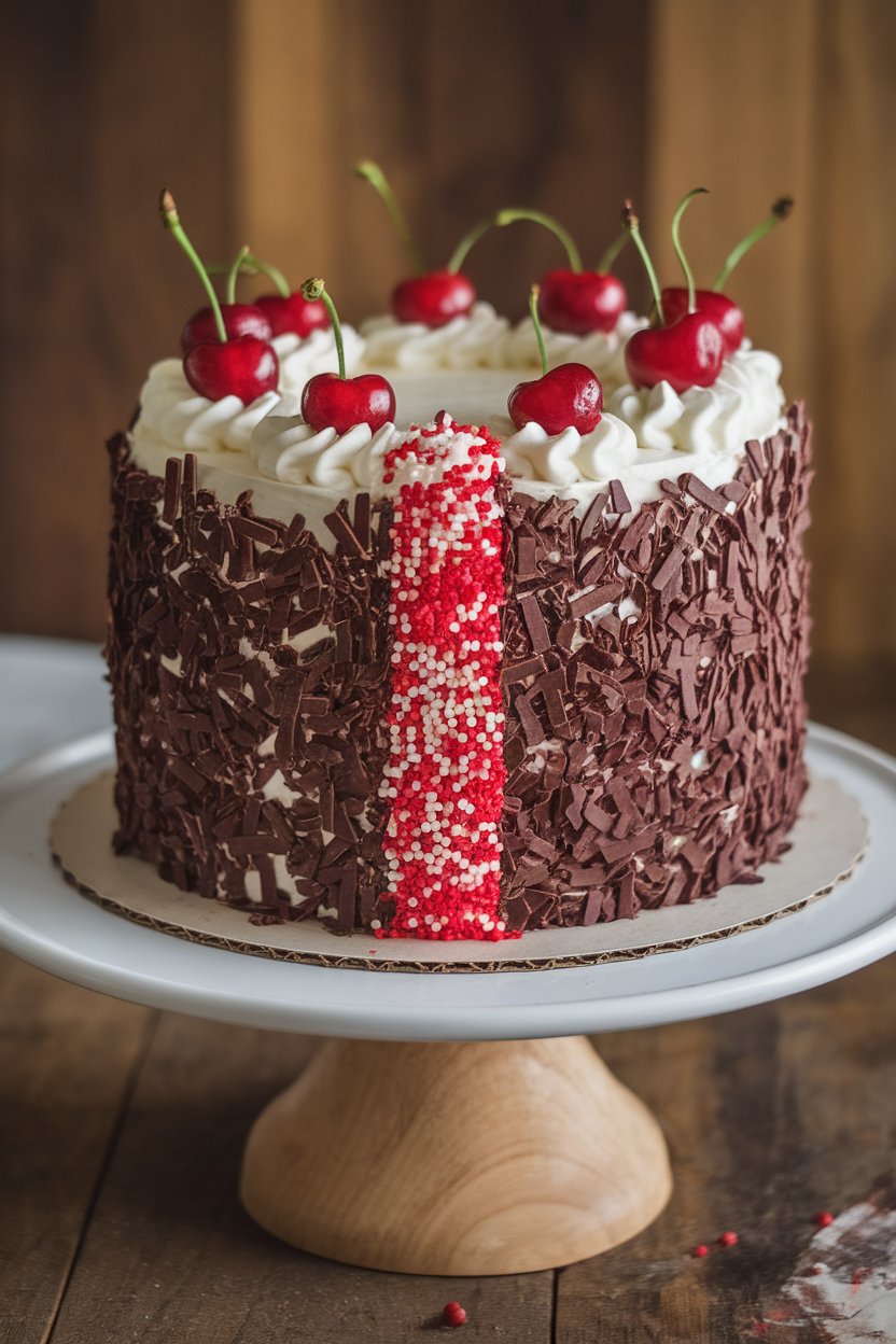 An indoor cake stand displaying a tall chocolate-cherry Black Forest cake, whipped-cream frosting, red and white sprinkle divide down the middle—no text or logos.