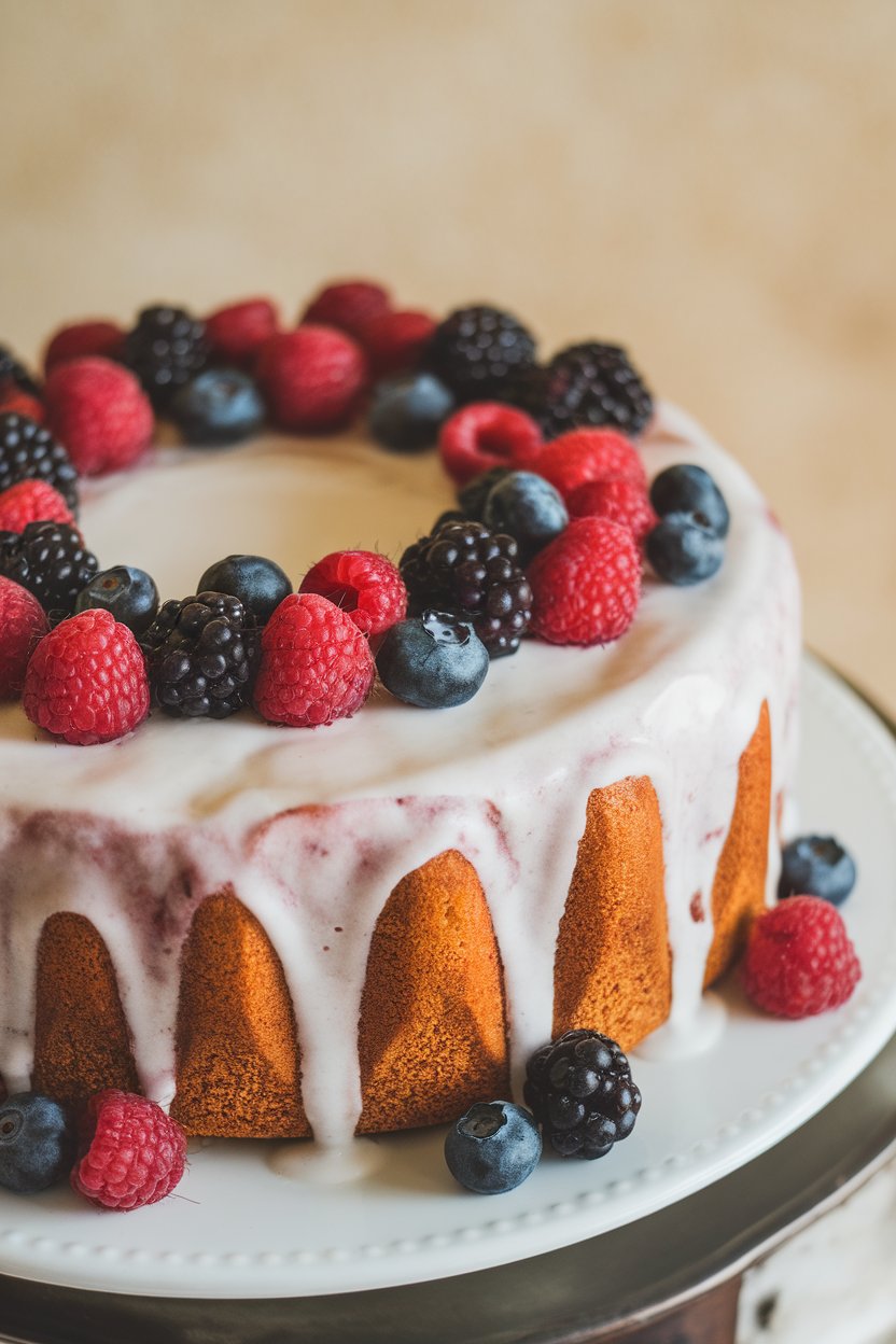 Indoor photo of an iced king cake decorated with fresh raspberries, blackberries, and blueberries; no text or logos.