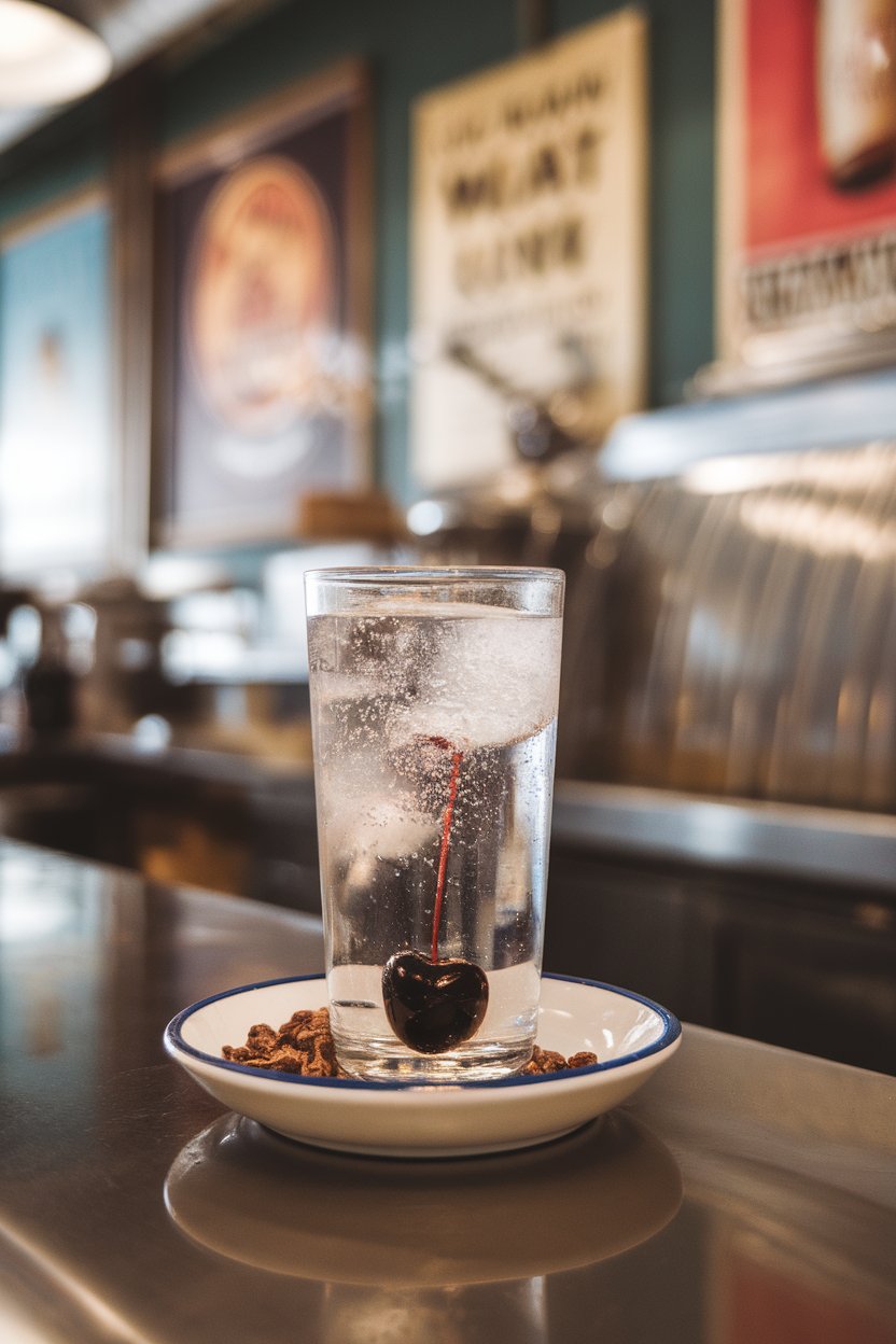 An indoor retro soda bar featuring a highball glass of clear seltzer with dark cherry at bottom and light chocolate scent implied, cocoa nibs on saucer. No logos or text. Photo.