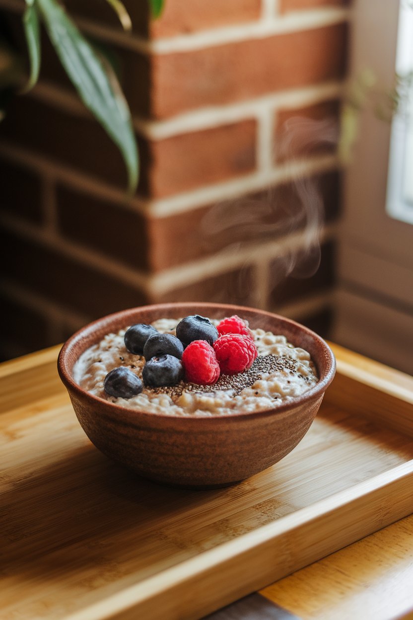 A warmly lit indoor breakfast nook featuring a ceramic bowl of creamy oatmeal topped with fresh blueberries, raspberries, and a sprinkle of chia seeds. Steam gently rises from the bowl. No text or logos anywhere in the scene; photo, not illustration.