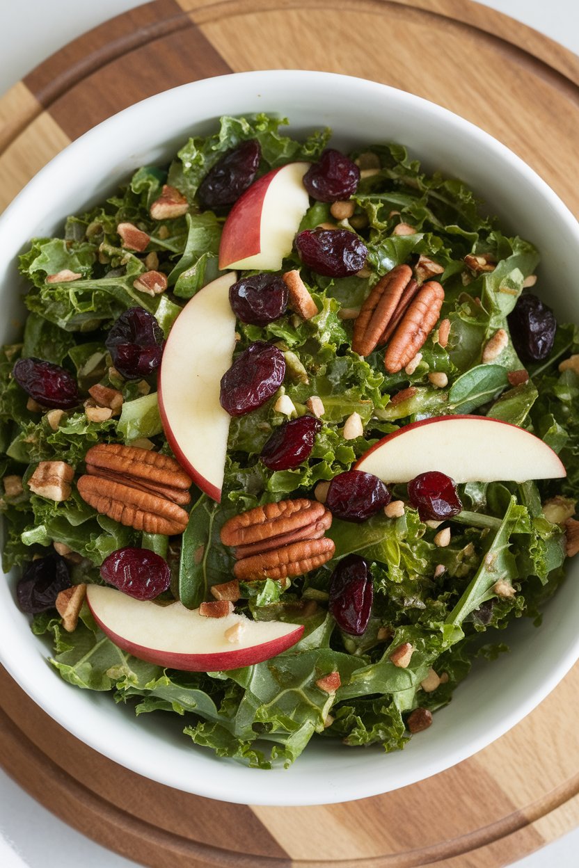 A bright indoor salad bowl of shredded kale massaged with vinaigrette, studded with dried cranberries, apple slices, and toasted pecans. No text or logos. Photo only.