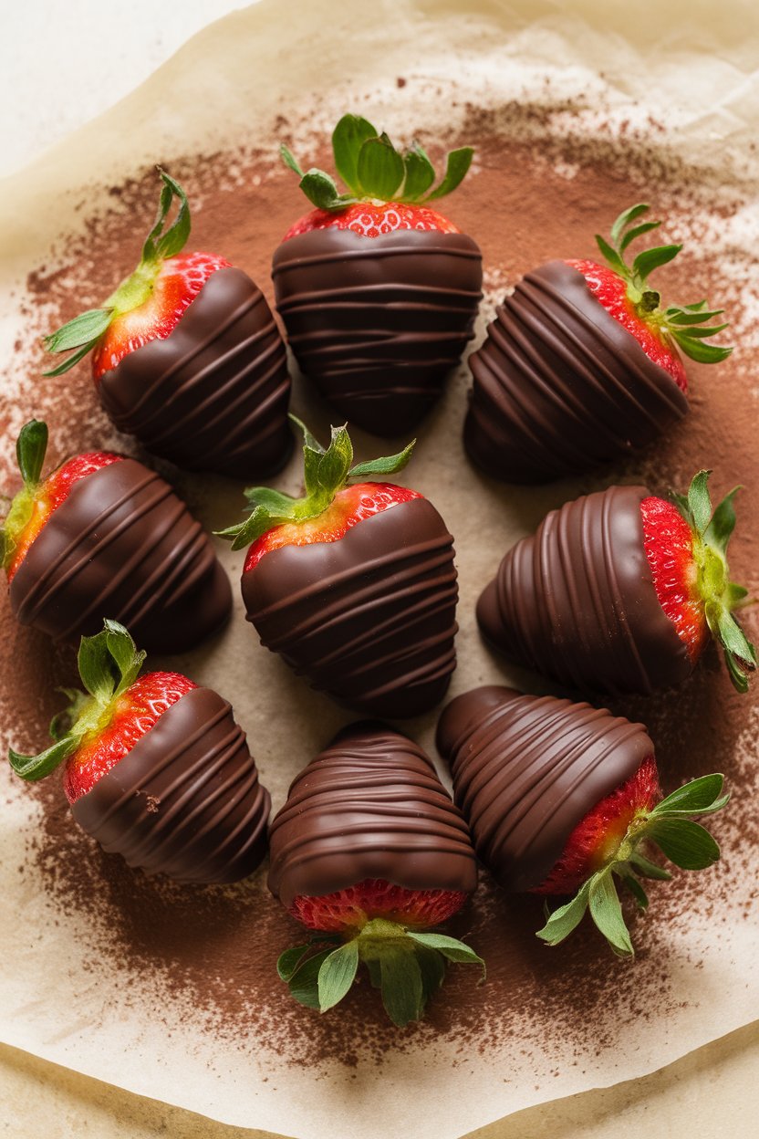 Indoor photo of glossy chocolate-dipped strawberries arranged on parchment paper; no text or logos.