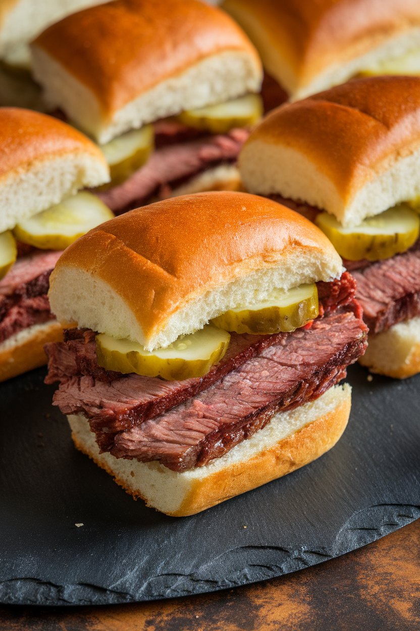 Indoor photo of slider rolls packed with tender sliced brisket and pickles on a slate platter. No text or logos.