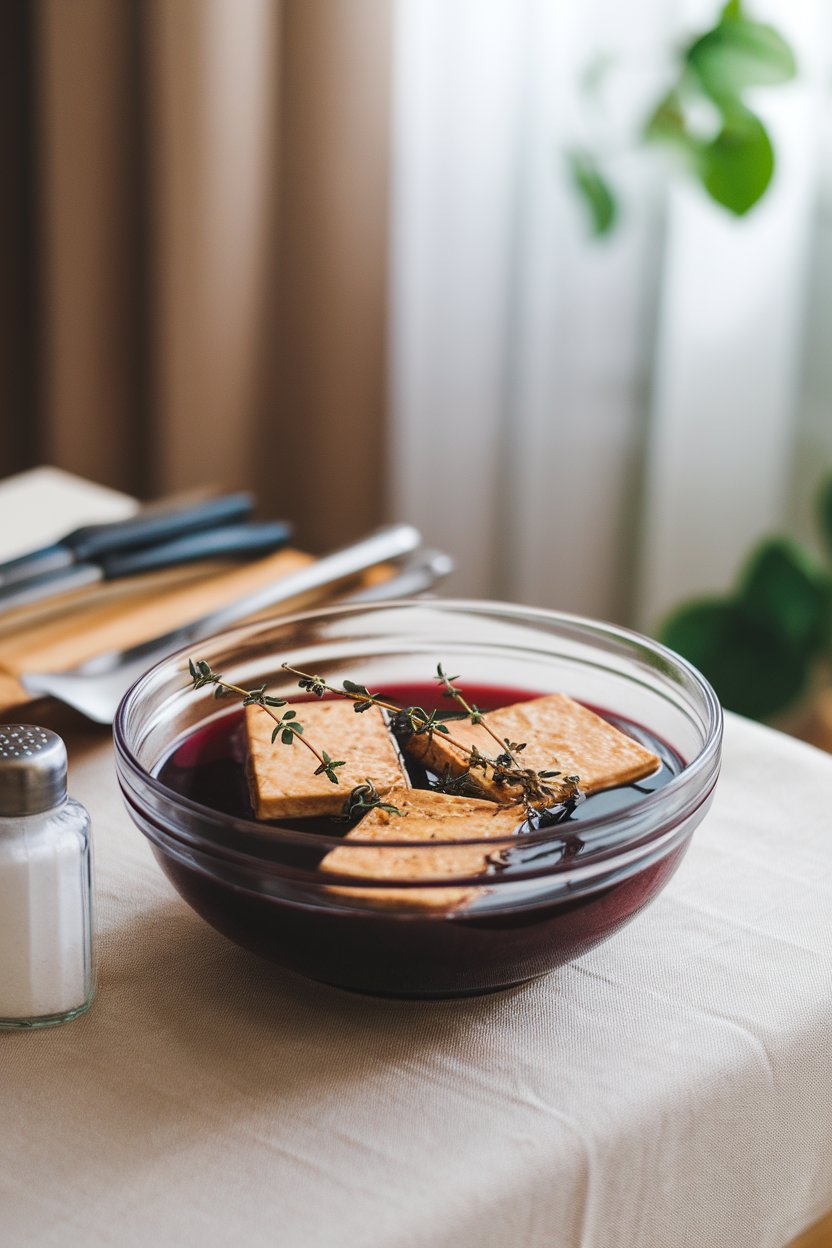 Photo prompt: Indoor kitchen table with tofu steaks marinating in a deep red wine mixture, thyme sprigs floating. No text or logos.