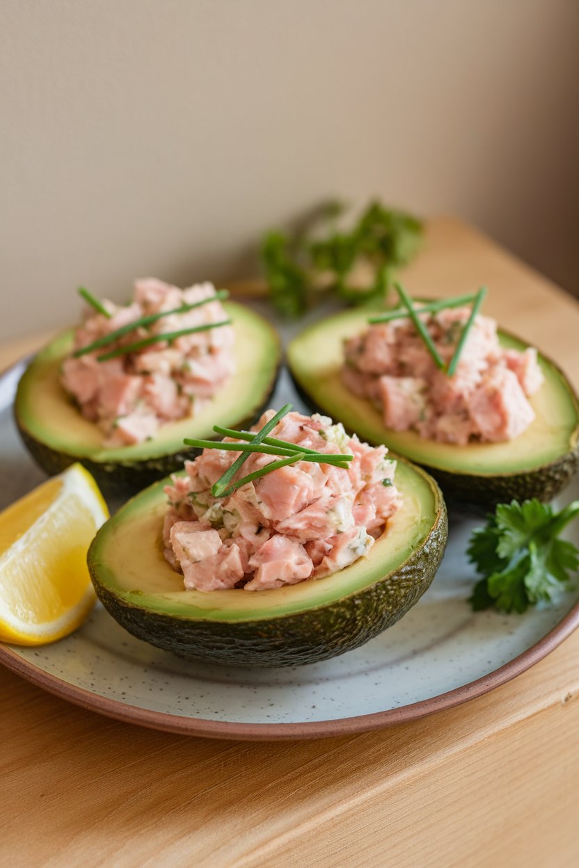 Photo of halved avocados filled with light tuna salad garnished with chives, placed on a plate indoors. No text or logos.