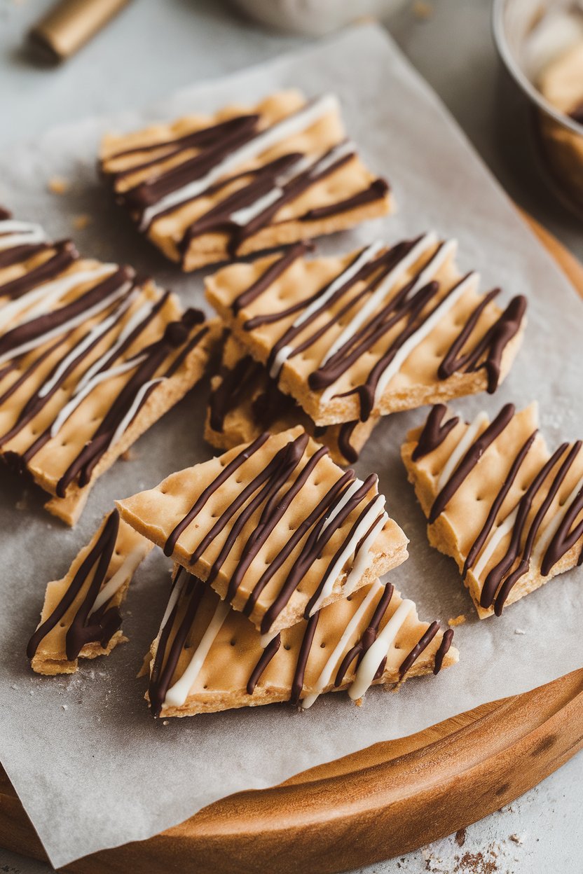Indoor image of saltine cracker toffee broken into pieces on parchment, drizzled with dark and white chocolate. No text or logos.