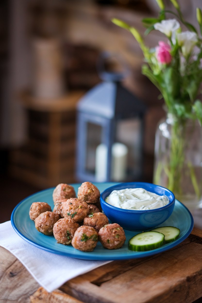 Indoor plate featuring small lamb meatballs, a bowl of tzatziki dip, and a few cucumber slices for garnish. No text or logos.