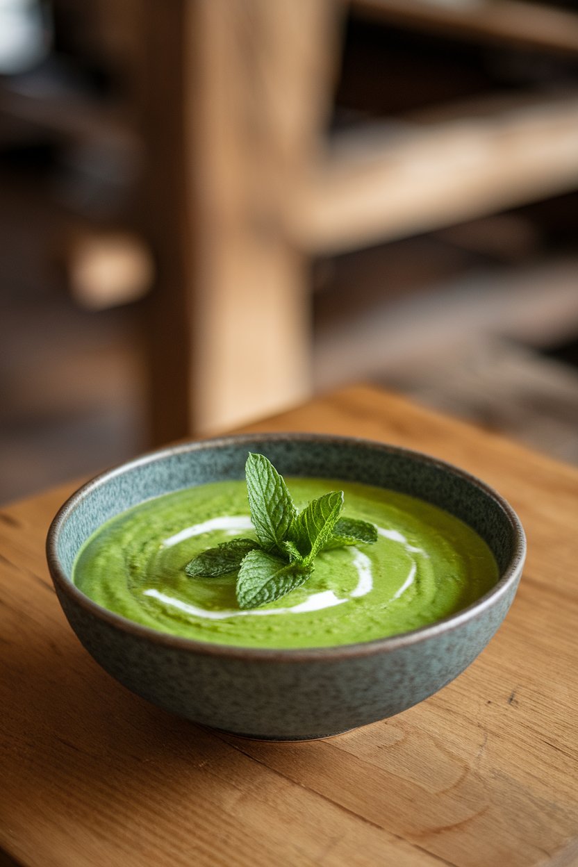 An indoor bowl of bright green pea soup garnished with fresh mint leaves, sitting on a wooden table. No text or branding.