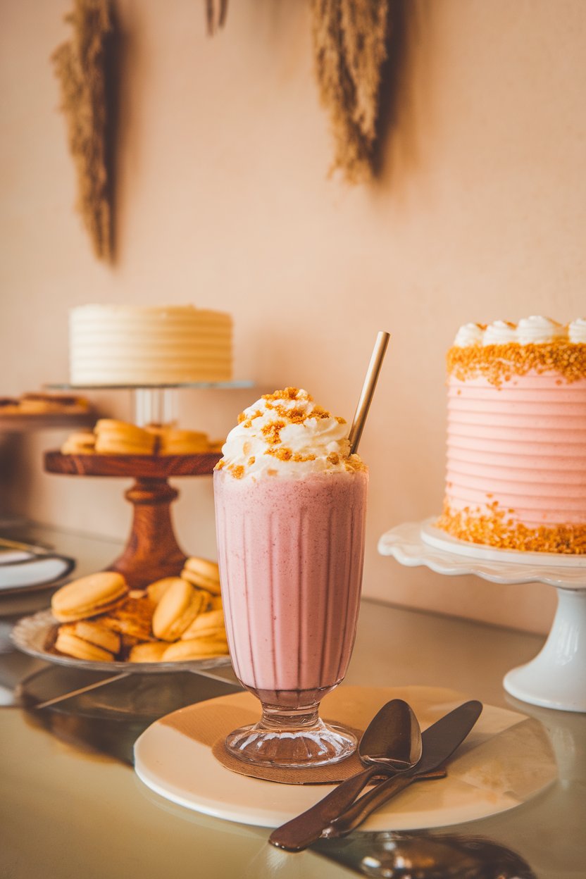 An indoor dessert stand with milkshake glass filled with pink shake, whipped cream cap, shortcake crumb sprinkle; photo, not illustration; no text or logos.