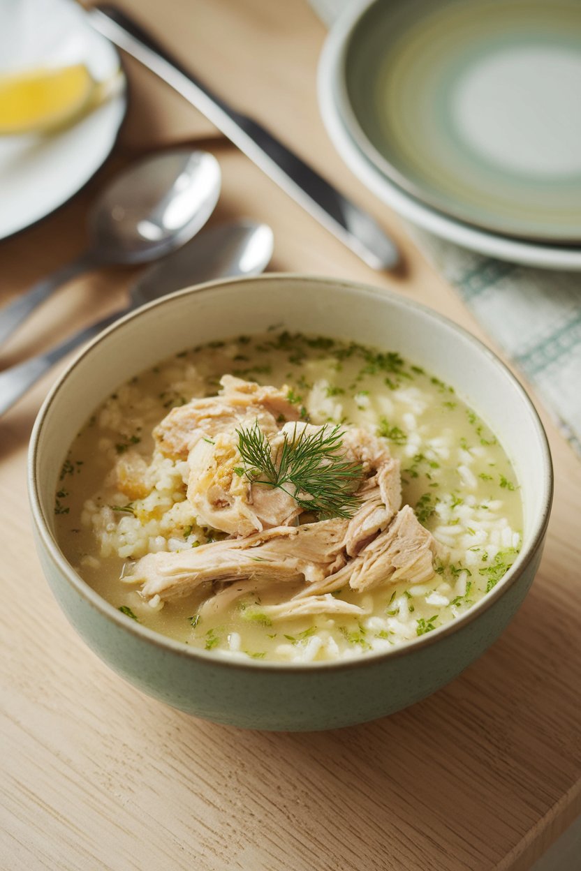 An indoor dining table with a bowl of avgolemono-style soup—shredded chicken, rice, and lemony broth—sprinkled with dill. No logos or text. Photo.
