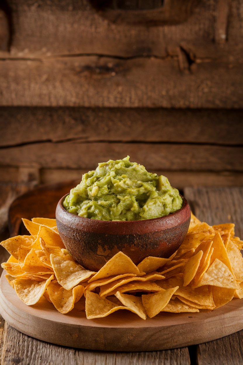 Indoor photo of a rustic bowl of chunky guacamole surrounded by a heap of tortilla chips. No text or logos.